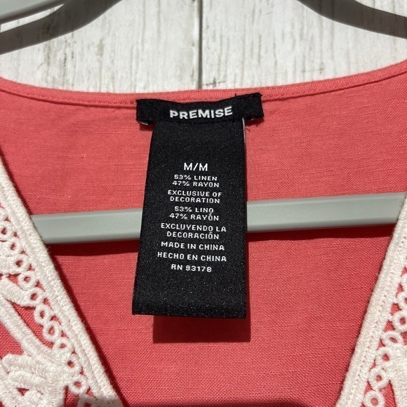 Premise Coral‎ Embroidered Linen Blend 3/4 Sleeve Pullover Top Shirt sz M - Picture 2 of 6